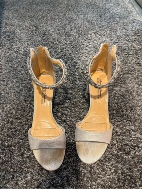 Amazon Women's Silver Glitter Ankle-Strap Block Heels